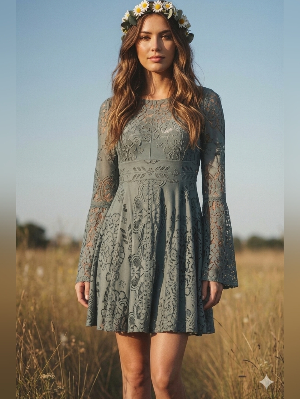 Free People Boho Lace Bell Sleeve Mini Dress - Moss Green - Size 2
